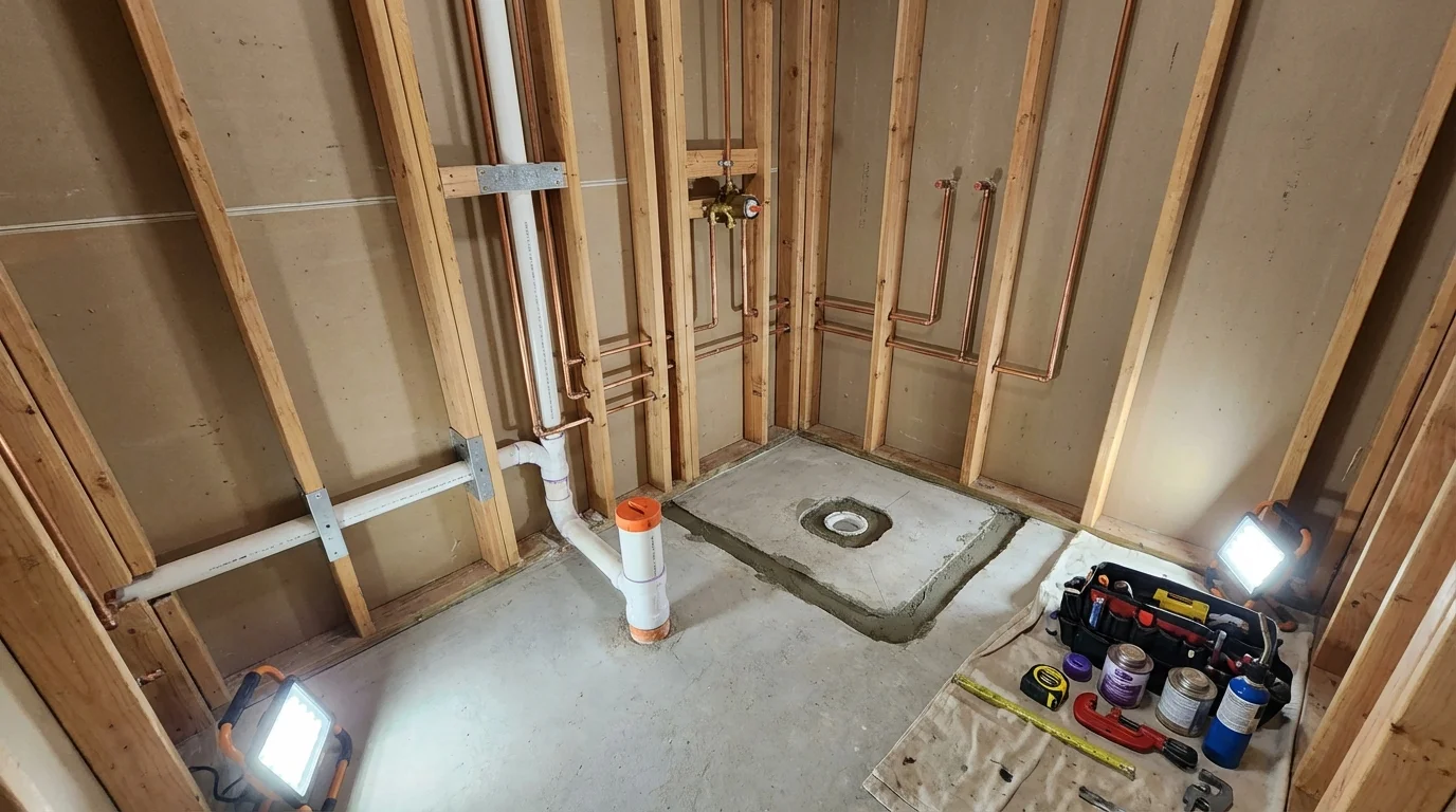 Bathroom rough-in plumbing during remodel by Johns Plumbing LLC in Phelan