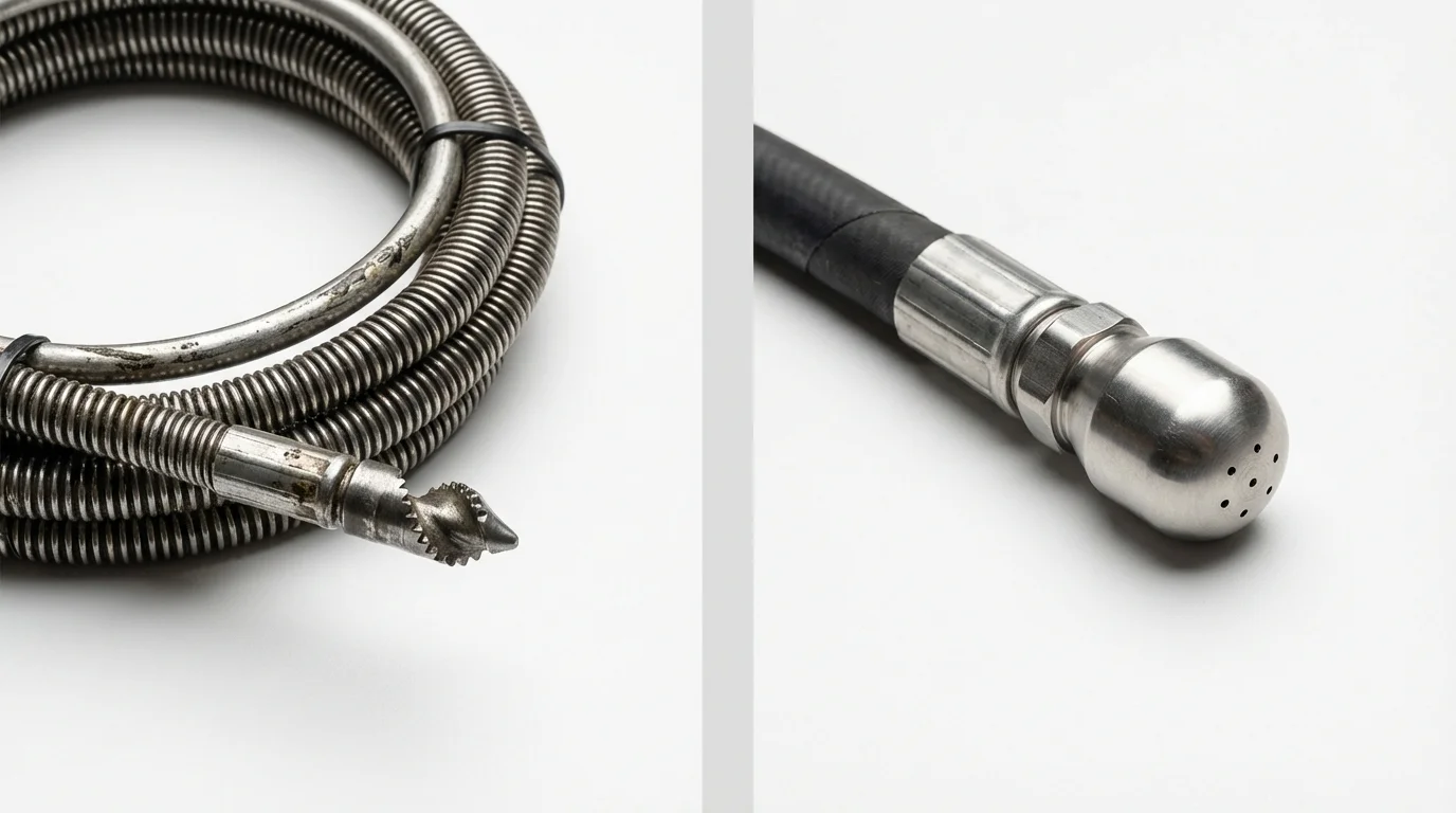 Drain snake cable and hydro jetting nozzle used for drain cleaning in Phelan, CA
