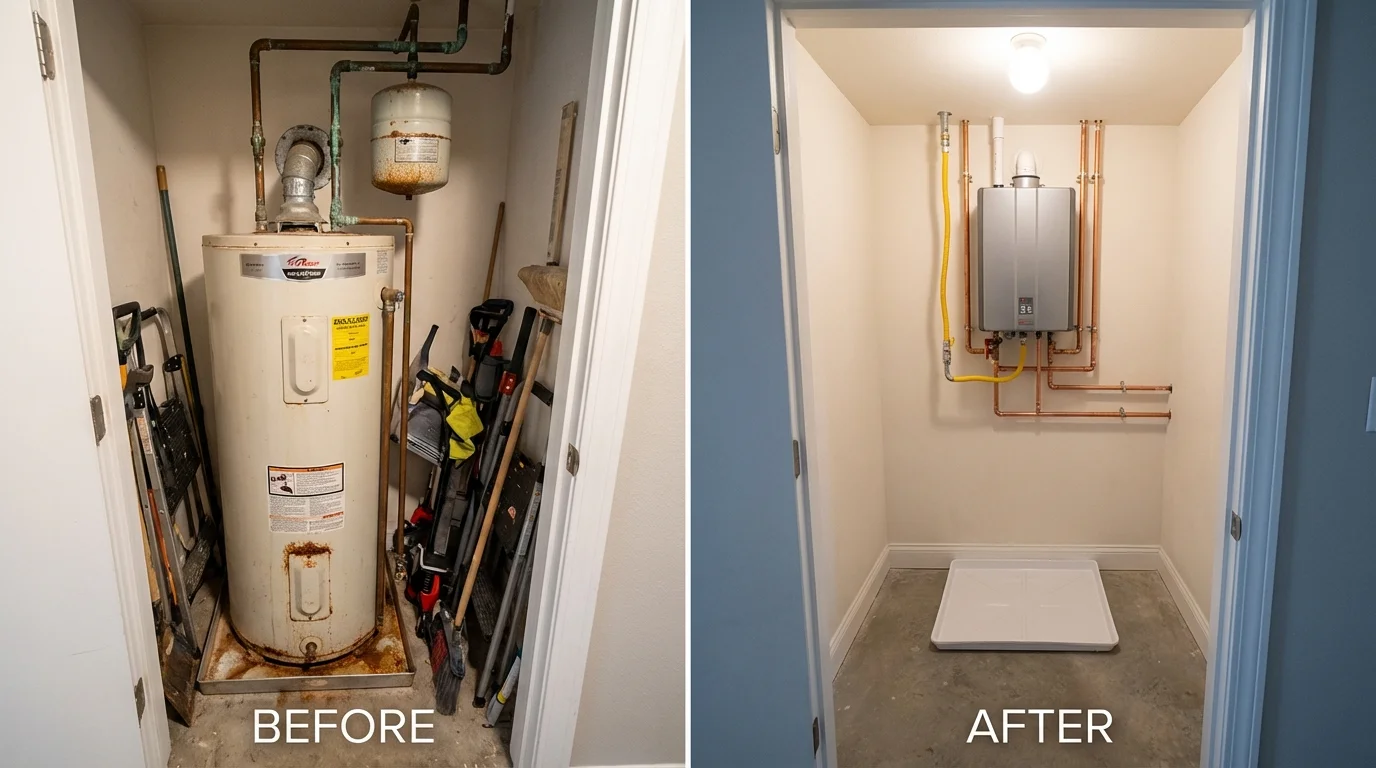 Tank water heater versus wall-mounted tankless unit comparison for Phelan, CA homeowners
