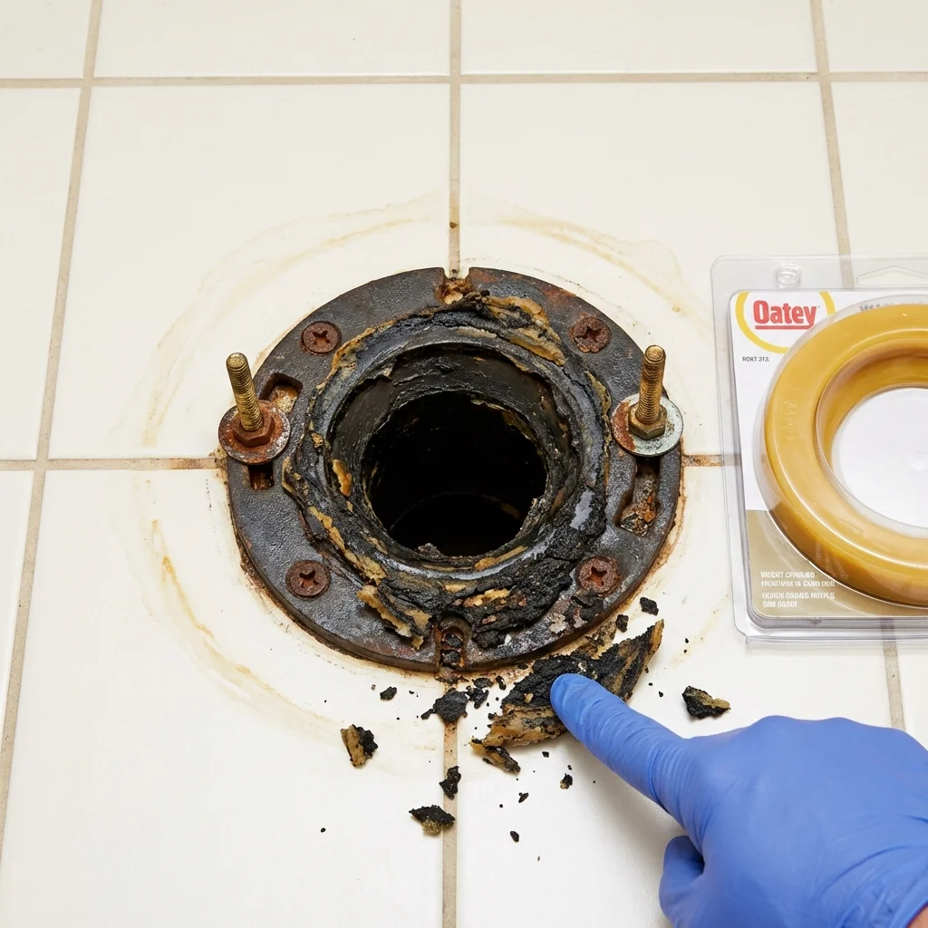Failed wax ring showing water seepage at the base of a toilet in a Phelan, CA home