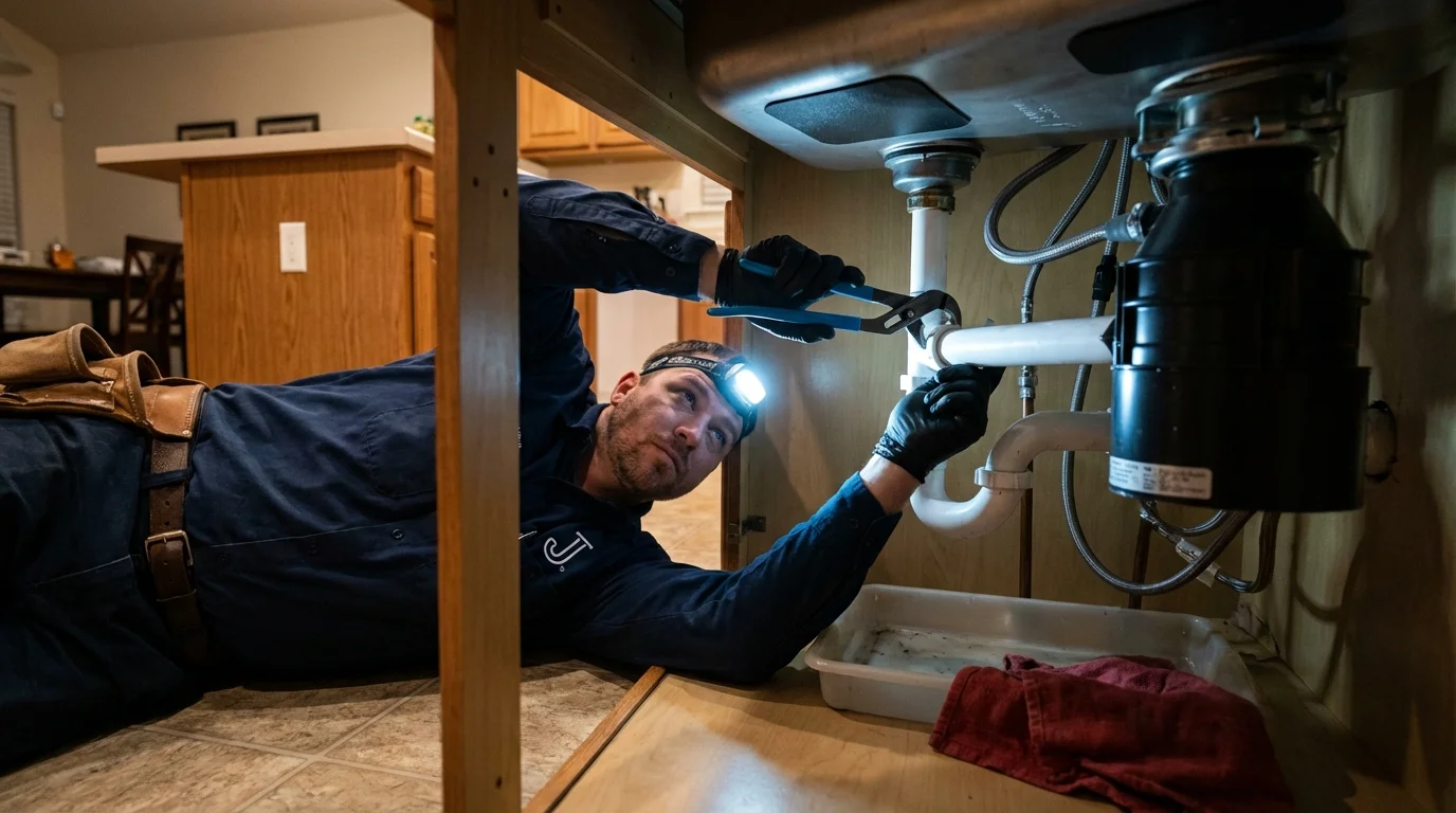 P-trap and supply line connections under a kitchen sink showing a common leak point in Phelan, CA